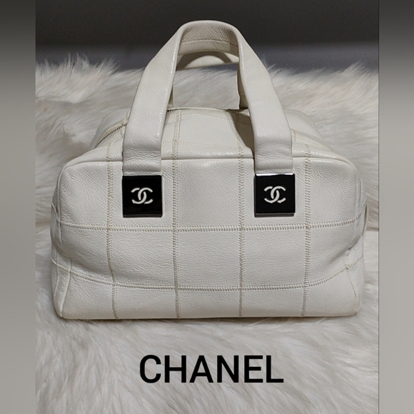 CHANEL Handbags - SALE! Chanel Choco Bar Coco Mark Lux Square Stitch White Boston Bowler Handbag